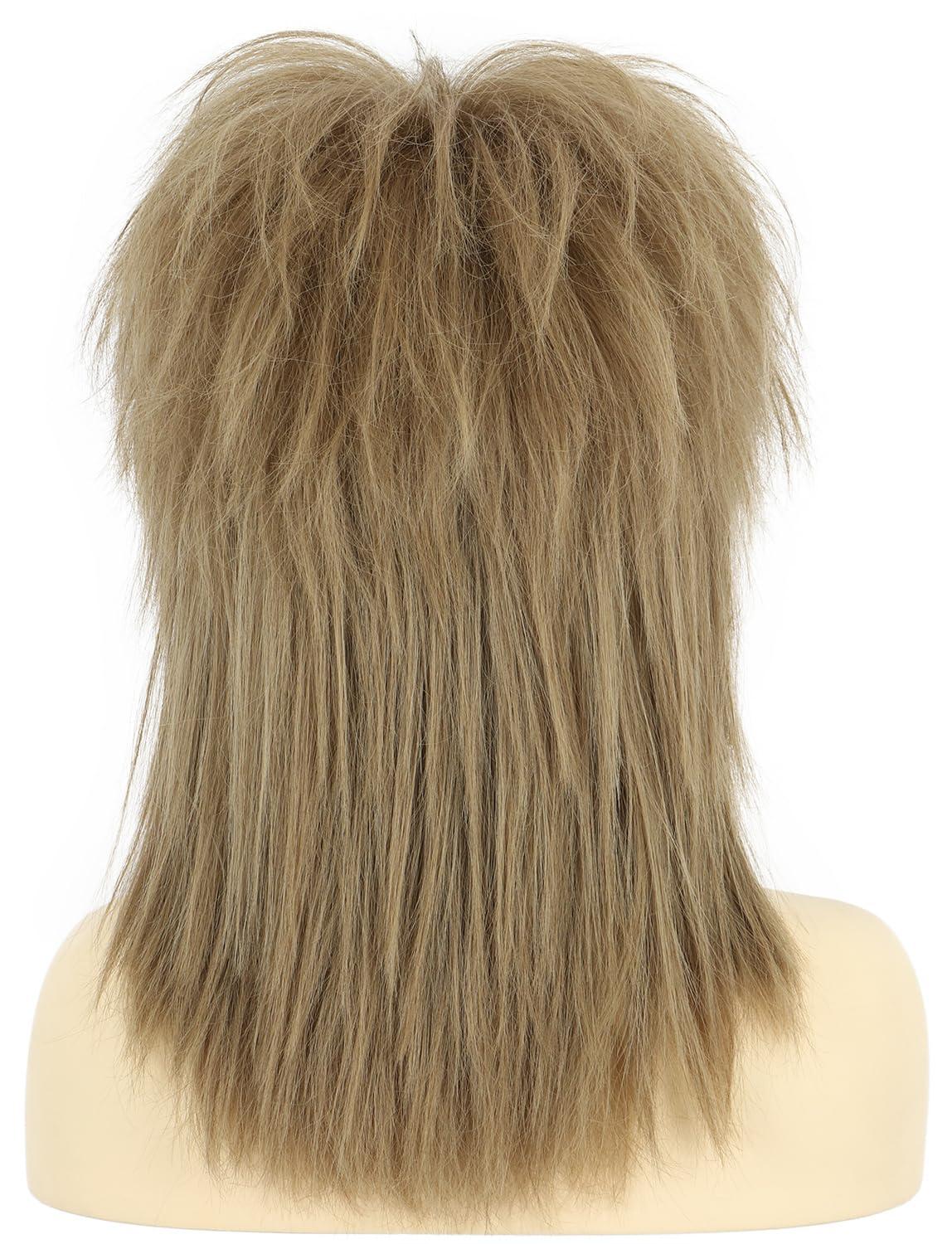 image:imagekarlery Women Men Long Curly Light Brown Wig with Necklace 70s 80s Rocker Mullet Costume Wig Halloween Cosplay Party Wig