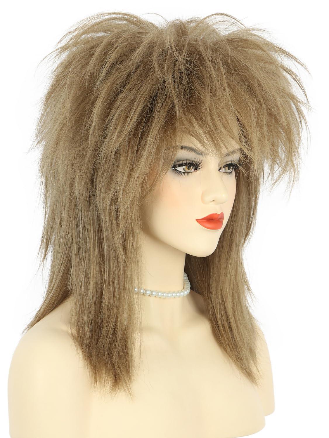 image:imagekarlery Women Men Long Curly Light Brown Wig with Necklace 70s 80s Rocker Mullet Costume Wig Halloween Cosplay Party Wig