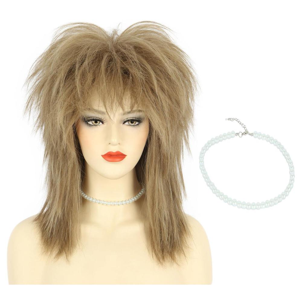 image:imagekarlery Women Men Long Curly Light Brown Wig with Necklace 70s 80s Rocker Mullet Costume Wig Halloween Cosplay Party Wig