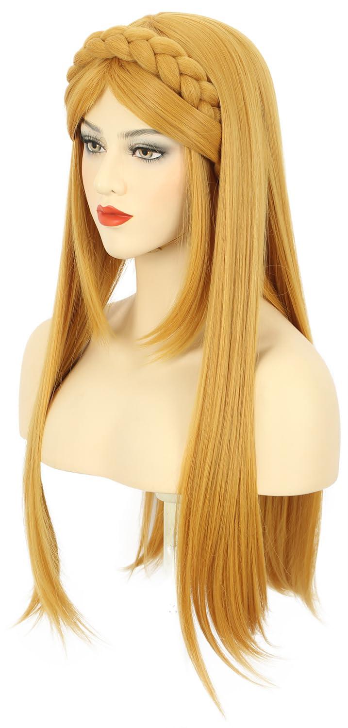 image:imagekarlery Adult Women Long Yellow Straight Wig With Braid Halloween Cosplay Costume Party Wig With Elf EarLong