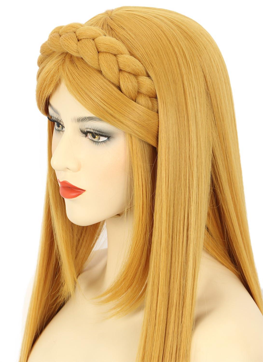 image:imagekarlery Adult Women Long Yellow Straight Wig With Braid Halloween Cosplay Costume Party Wig With Elf EarLong