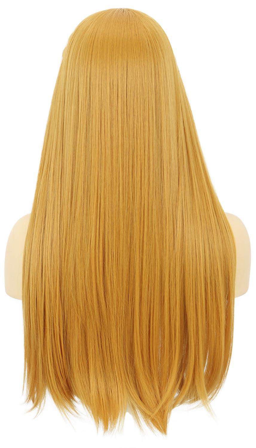 image:imagekarlery Adult Women Long Yellow Straight Wig With Braid Halloween Cosplay Costume Party Wig With Elf EarLong