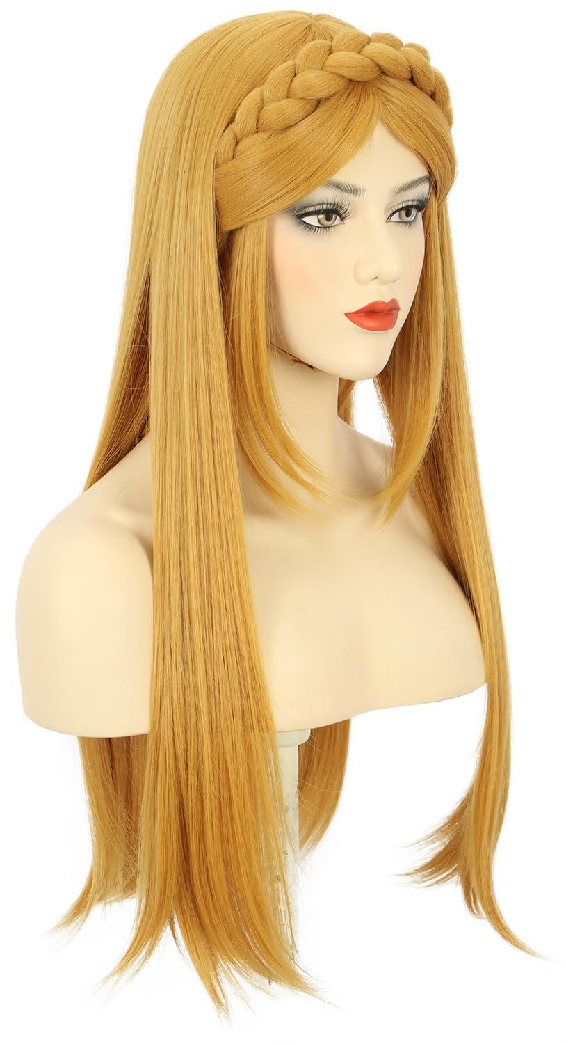 image:imagekarlery Adult Women Long Yellow Straight Wig With Braid Halloween Cosplay Costume Party Wig With Elf EarLong