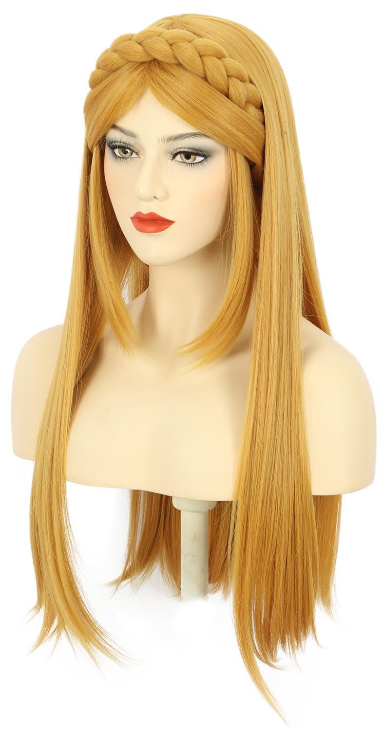 image:imagekarlery Adult Women Long Yellow Straight Wig With Braid Halloween Cosplay Costume Party Wig With Elf EarLong