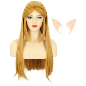karlery Adult Women Long Yellow Straight Wig With Braid Halloween Cosplay Costume Party Wig With Elf Ear(Long)